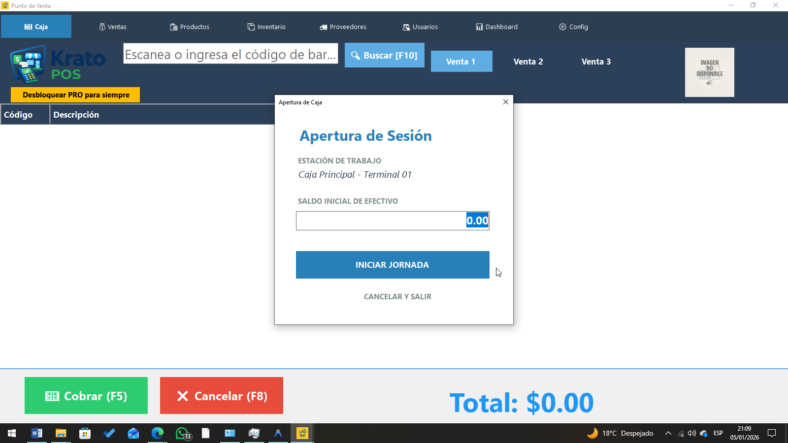 Vista del sistema Krato POS